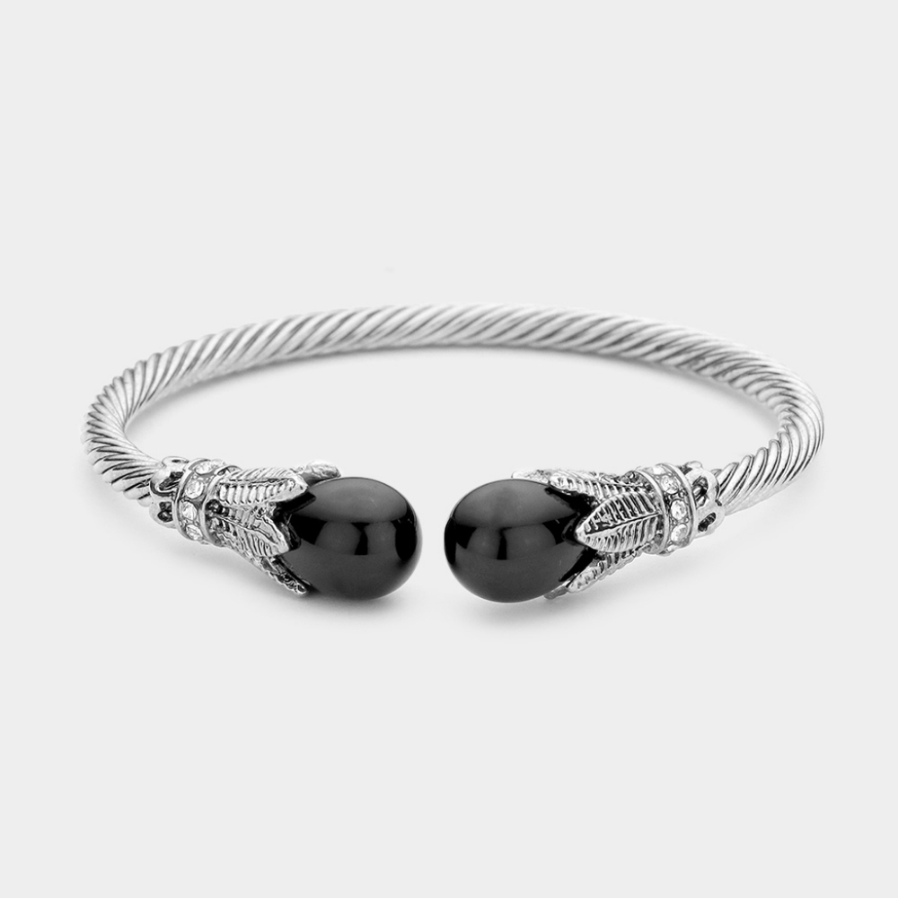 Black Pearl Tip Twist Rope Cable Style Cuff Bracelet Bangle Metal Accessories